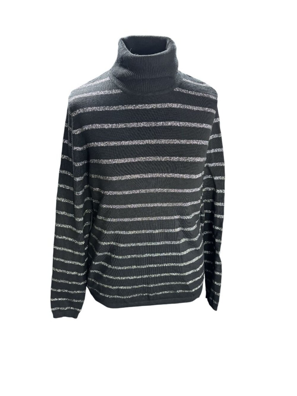 Chicos Black & Silver Striped Turtleneck Sweater Size 1 Soft Knit Long Sleeve